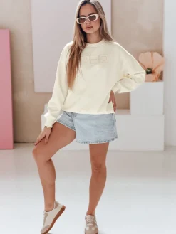 Bluzy Damskie>Dstreet Bluza damska oversize z haftem EASYJOY masełko BY1515