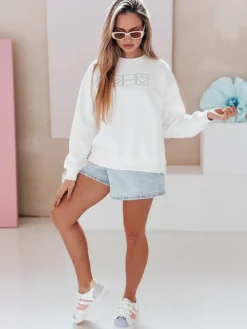 Bluzy Damskie>Dstreet Bluza damska oversize z haftem EASYJOY biała BY1514