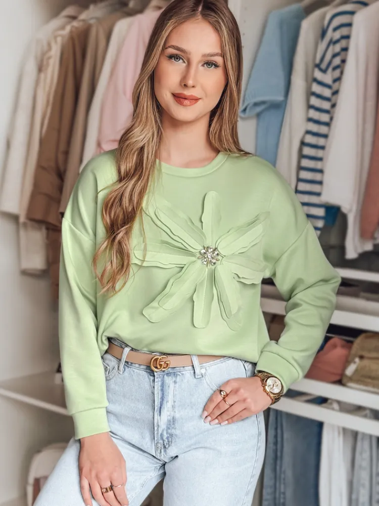 Bluzy Damskie>Dstreet Bluza damska oversize z kwiatem PETITKA miętowa BY1389