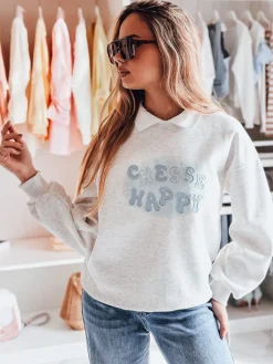 Bluzy Damskie>Dstreet Bluza damska oversize z nadrukiem HAPIRES szara BY1485