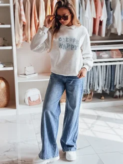 Bluzy Damskie>Dstreet Bluza damska oversize z nadrukiem HAPIRES szara BY1485