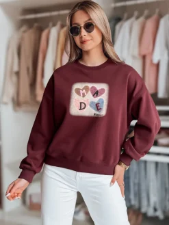 Bluzy Damskie>Dstreet Bluza damske oversiz z sercami MADELIN bordowa BY1458