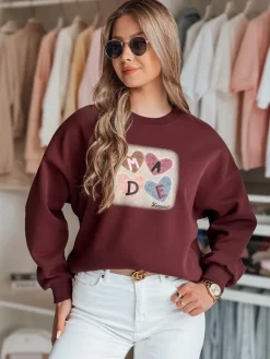 Bluzy Damskie>Dstreet Bluza damske oversiz z sercami MADELIN bordowa BY1458