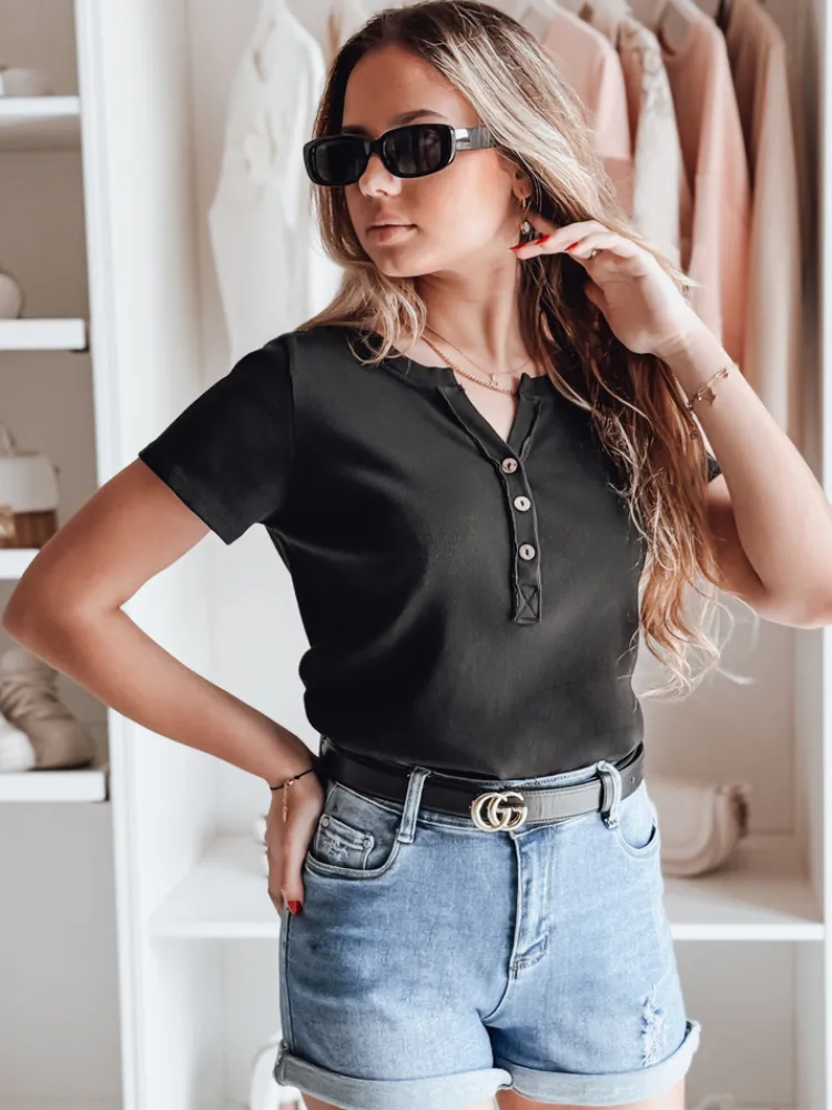 Bluzki Damskie>Dstreet Bluzka damska one size prążkowana KISS LOOK czarna RY2833