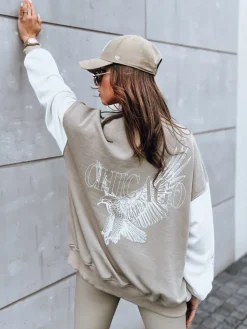 Kurtki Damskie>Dstreet Damska kurtka bomber OLDSCHOOL CHICAGO ciemnobeżowa BY1209