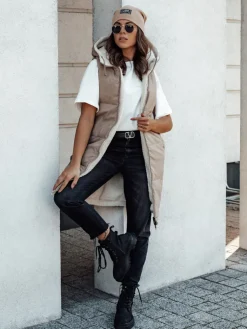 Kamizelki Damskie>Dstreet Kamizelka damska COSYVIVA długa z kapturem pikowana beżowa TY4602