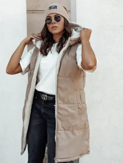 Kamizelki Damskie>Dstreet Kamizelka damska COSYVIVA długa z kapturem pikowana beżowa TY4602