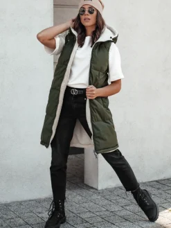 Kamizelki Damskie>Dstreet Kamizelka damska COSYVIVA długa z kapturem pikowana zielona TY4604