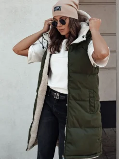 Kamizelki Damskie>Dstreet Kamizelka damska COSYVIVA długa z kapturem pikowana zielona TY4604