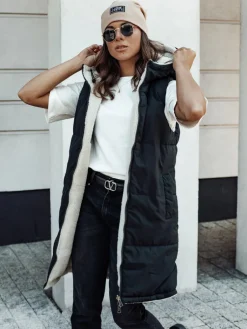 Kamizelki Damskie>Dstreet Kamizelka damska COSYVIVA długa z kapturem pikowana czarna TY4603