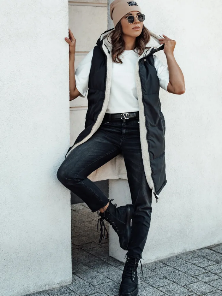 Kamizelki Damskie>Dstreet Kamizelka damska COSYVIVA długa z kapturem pikowana czarna TY4603