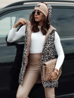 Kamizelki Damskie>Dstreet Kamizelka damska ELEGANCIO przejściowa pikowana z kapturem dwustronna kamelowa TY4656