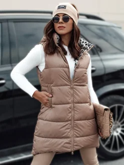 Kamizelki Damskie>Dstreet Kamizelka damska ELEGANCIO przejściowa pikowana z kapturem dwustronna kamelowa TY4656