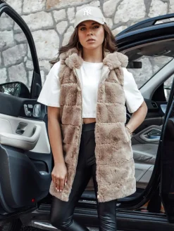 Kamizelki Damskie>Dstreet Kamizelka damska futrzana ASHTON kamelowa TY4544