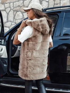 Kamizelki Damskie>Dstreet Kamizelka damska futrzana ASHTON kamelowa TY4544