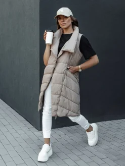 Kamizelki Damskie>Dstreet Kamizelka damska pikowana długa bez kaptura SERKIS beżowa TY4525