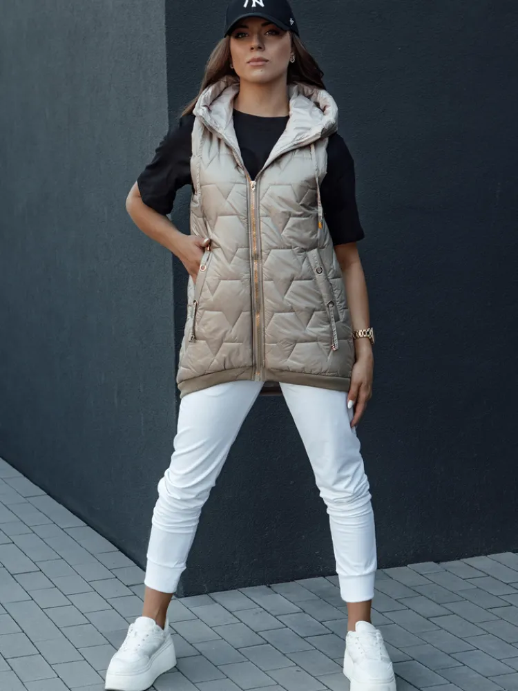 Kamizelki Damskie>Dstreet Kamizelka damska pikowana z kapturem GLITZY kamelowa TY4444