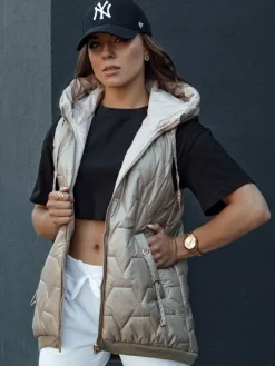 Kamizelki Damskie>Dstreet Kamizelka damska pikowana z kapturem GLITZY kamelowa TY4444