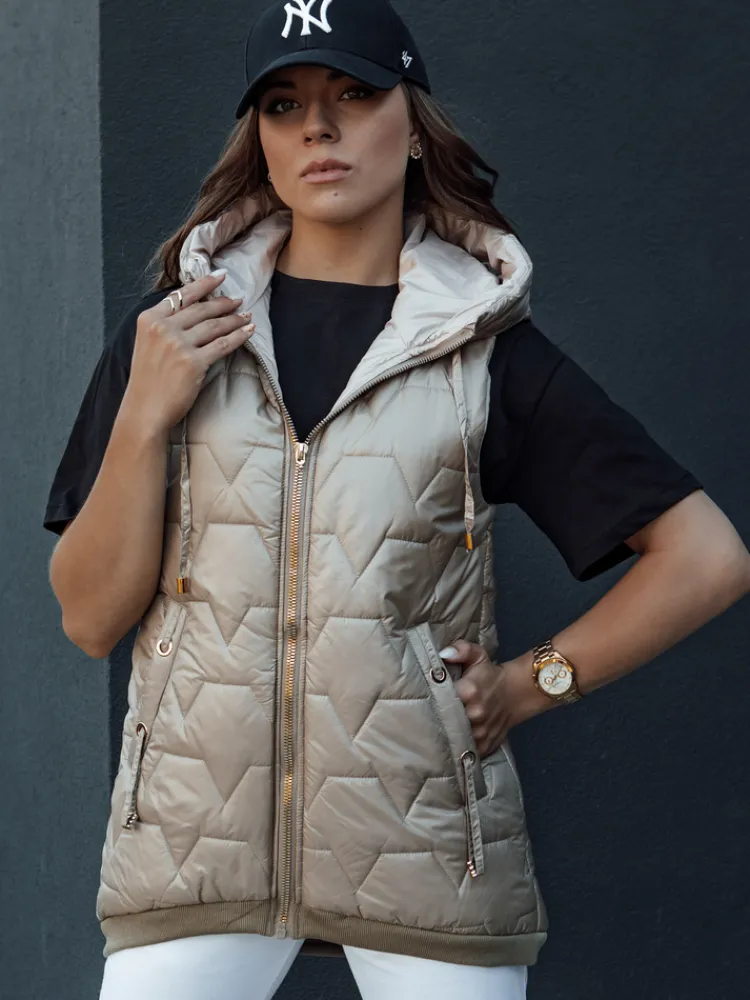 Kamizelki Damskie>Dstreet Kamizelka damska pikowana z kapturem GLITZY kamelowa TY4444