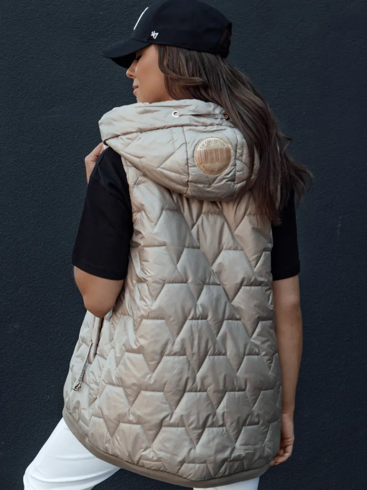 Kamizelki Damskie>Dstreet Kamizelka damska pikowana z kapturem GLITZY kamelowa TY4444