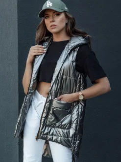 Kamizelki Damskie>Dstreet Kamizelka damska pikowana długa z kapturem JESS ciemnoszara TY4446