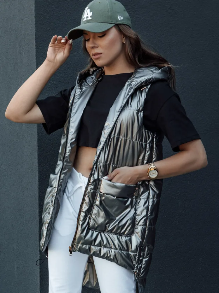 Kamizelki Damskie>Dstreet Kamizelka damska pikowana długa z kapturem JESS ciemnoszara TY4446