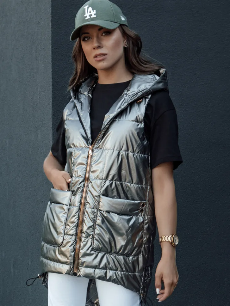 Kamizelki Damskie>Dstreet Kamizelka damska pikowana długa z kapturem JESS ciemnoszara TY4446