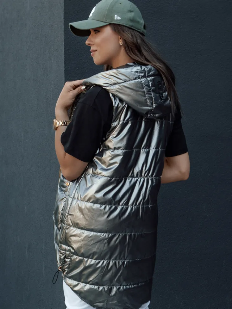 Kamizelki Damskie>Dstreet Kamizelka damska pikowana długa z kapturem JESS ciemnoszara TY4446