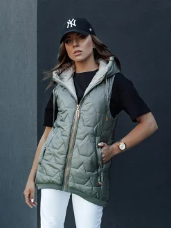 Kamizelki Damskie>Dstreet Kamizelka damska pikowana z kapturem GLITZY zielona TY4456