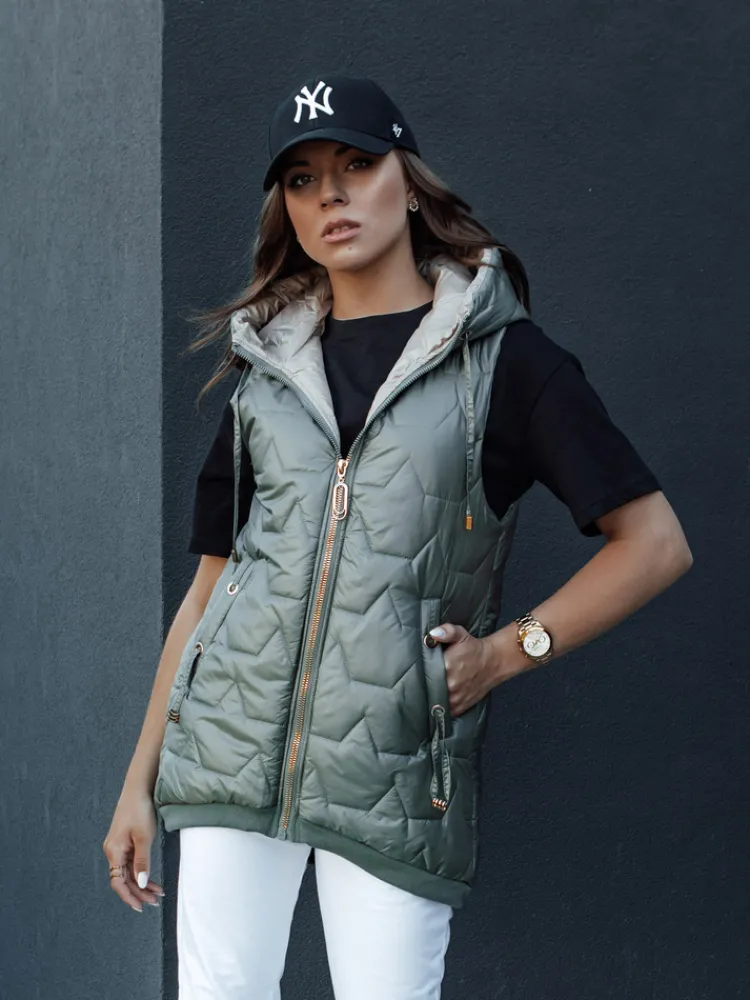 Kamizelki Damskie>Dstreet Kamizelka damska pikowana z kapturem GLITZY zielona TY4456