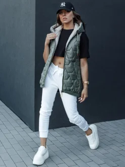 Kamizelki Damskie>Dstreet Kamizelka damska pikowana z kapturem GLITZY zielona TY4456