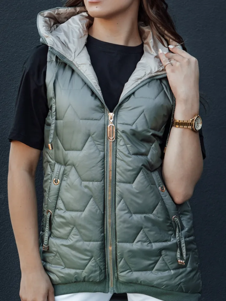 Kamizelki Damskie>Dstreet Kamizelka damska pikowana z kapturem GLITZY zielona TY4456