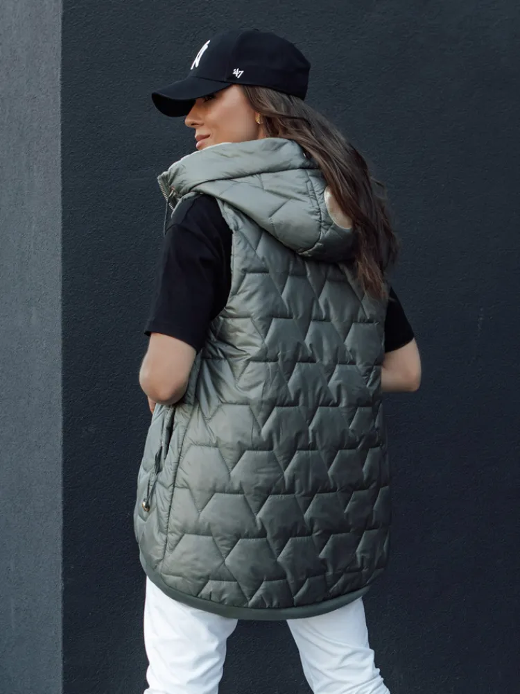 Kamizelki Damskie>Dstreet Kamizelka damska pikowana z kapturem GLITZY zielona TY4456