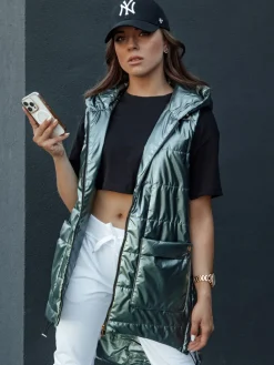 Kamizelki Damskie>Dstreet Kamizelka damska pikowana długa z kapturem JESS zielona TY4454