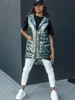 Kamizelki Damskie>Dstreet Kamizelka damska pikowana długa z kapturem JESS zielona TY4454