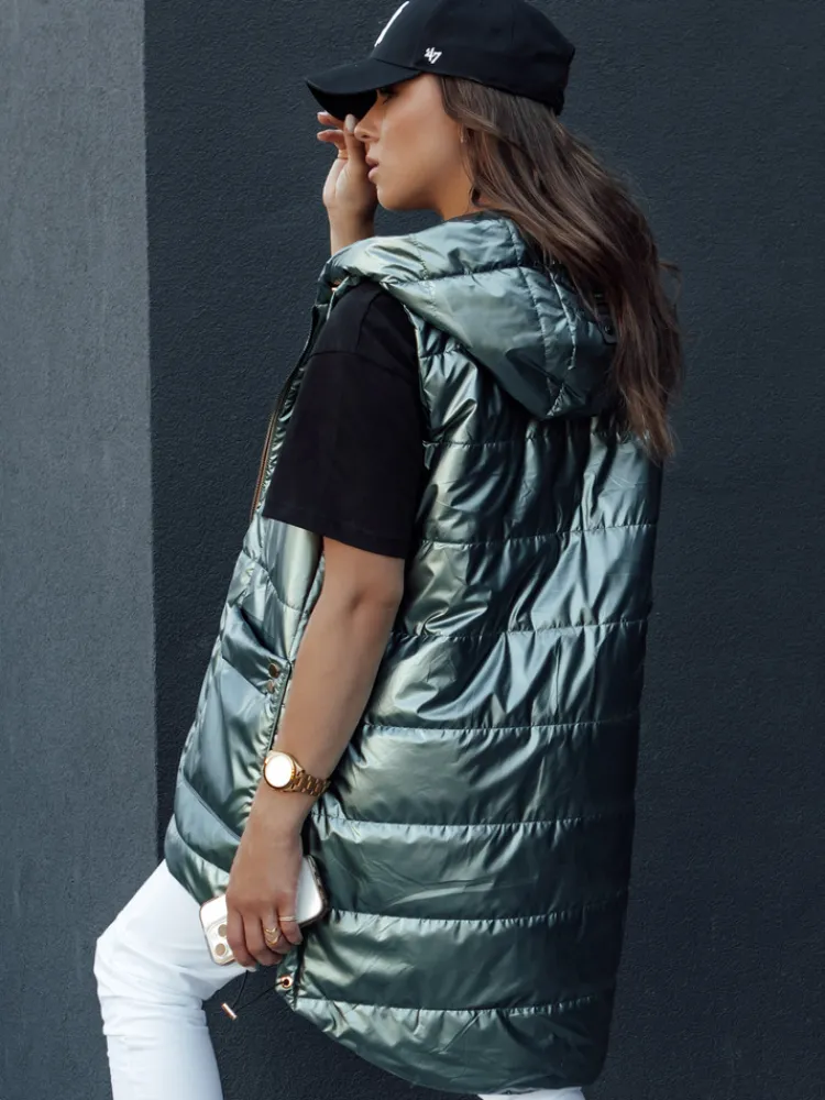 Kamizelki Damskie>Dstreet Kamizelka damska pikowana długa z kapturem JESS zielona TY4454