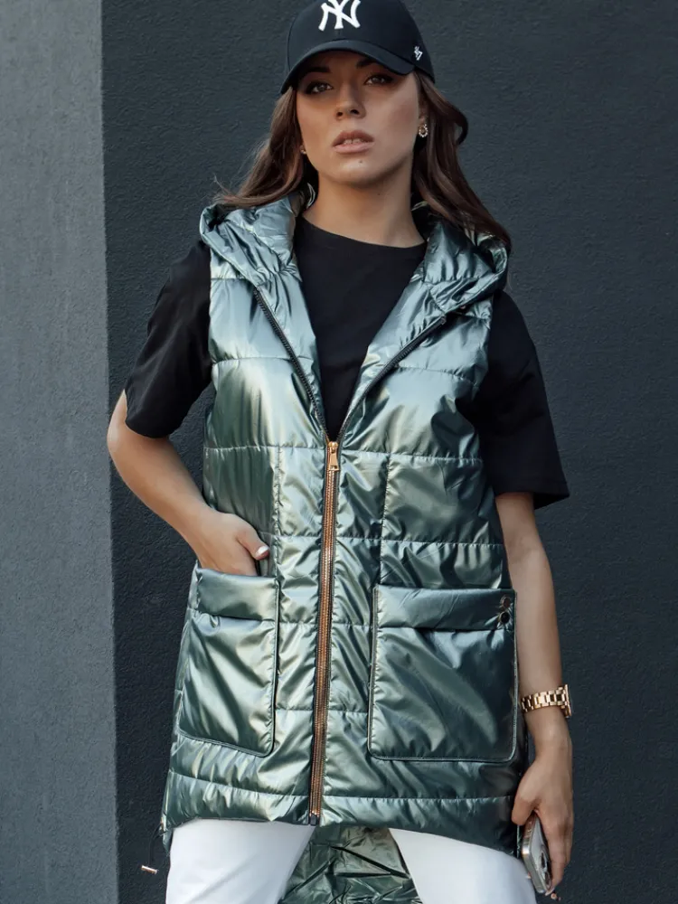 Kamizelki Damskie>Dstreet Kamizelka damska pikowana długa z kapturem JESS zielona TY4454