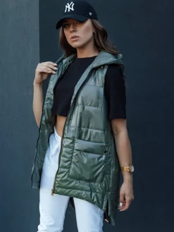 Kamizelki Damskie>Dstreet Kamizelka damska pikowana długa z kapturem JESS zielona TY4442