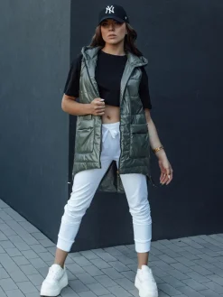 Kamizelki Damskie>Dstreet Kamizelka damska pikowana długa z kapturem JESS zielona TY4442