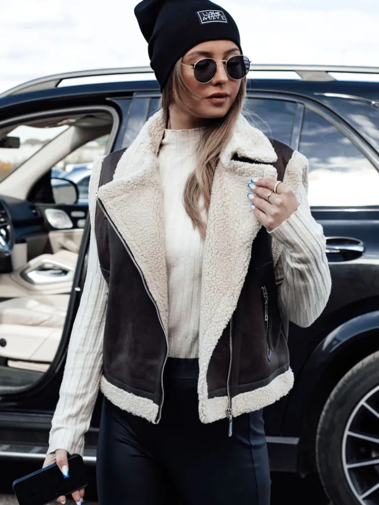 Kożuszki Damskie|Kamizelki Damskie>Dstreet Kamizelka damska zamszowa z kożuszkiem WOOLZIP kawowa TY4746