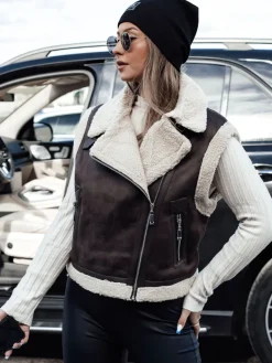 Kożuszki Damskie|Kamizelki Damskie>Dstreet Kamizelka damska zamszowa z kożuszkiem WOOLZIP kawowa TY4746