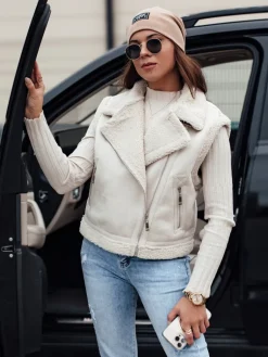 Kożuszki Damskie|Kamizelki Damskie>Dstreet Kamizelka damska zamszowa z kożuszkiem WOOLZIP biała TY4743