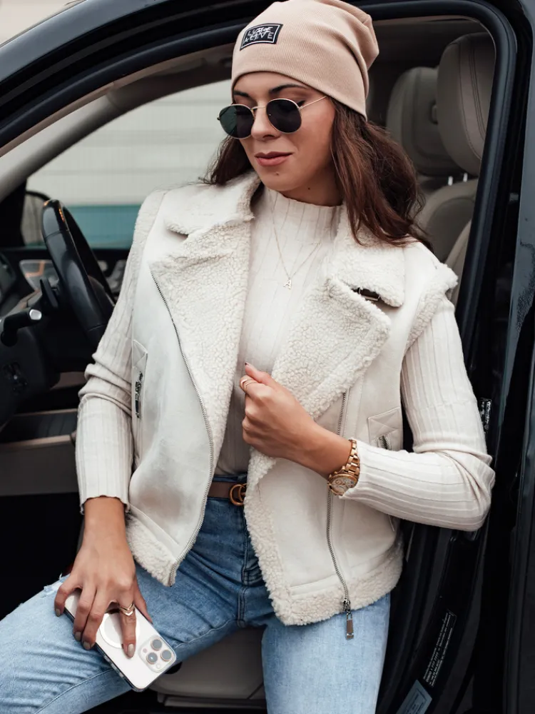 Kożuszki Damskie|Kamizelki Damskie>Dstreet Kamizelka damska zamszowa z kożuszkiem WOOLZIP biała TY4743