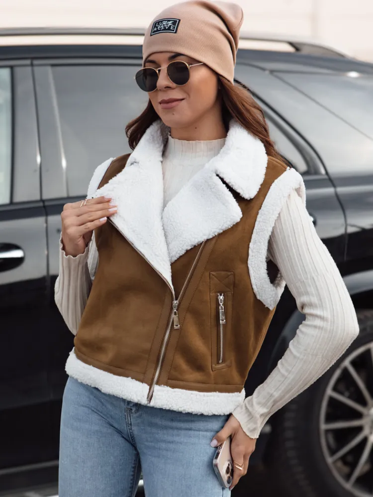 Kożuszki Damskie|Kamizelki Damskie>Dstreet Kamizelka damska zamszowa z kożuszkiem WOOLZIP kamelowa TY4741