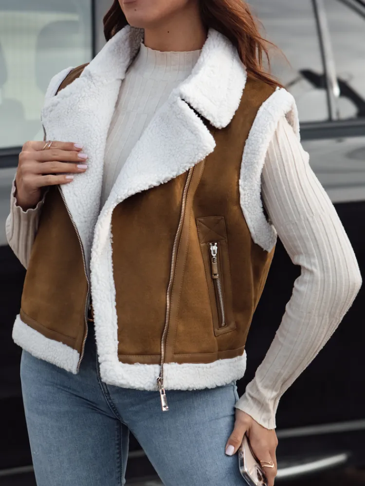 Kożuszki Damskie|Kamizelki Damskie>Dstreet Kamizelka damska zamszowa z kożuszkiem WOOLZIP kamelowa TY4741