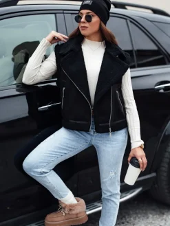 Kożuszki Damskie|Kamizelki Damskie>Dstreet Kamizelka damska zamszowa z kożuszkiem WOOLZIP czarna TY4742