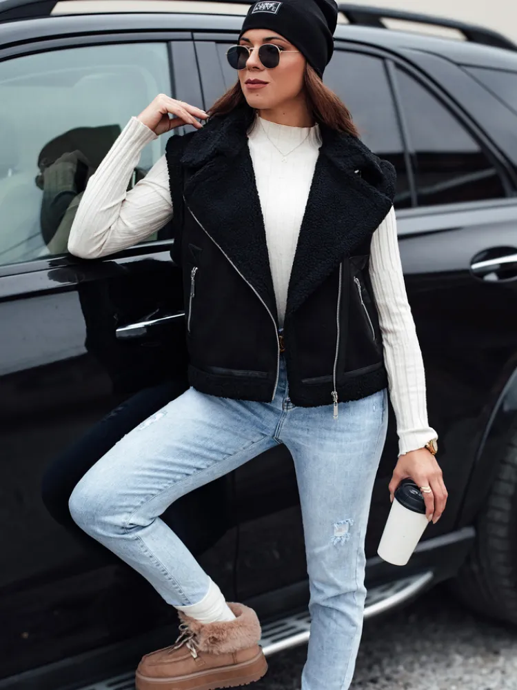 Kożuszki Damskie|Kamizelki Damskie>Dstreet Kamizelka damska zamszowa z kożuszkiem WOOLZIP czarna TY4742