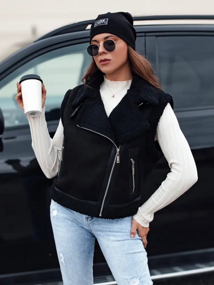 Kożuszki Damskie|Kamizelki Damskie>Dstreet Kamizelka damska zamszowa z kożuszkiem WOOLZIP czarna TY4742