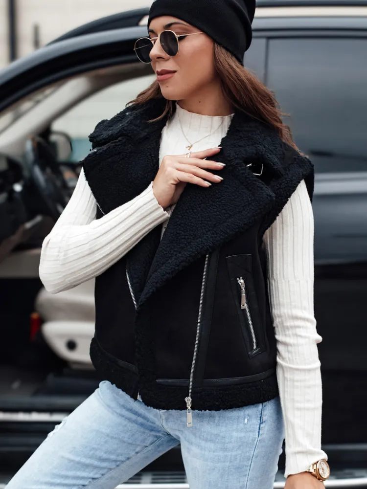 Kożuszki Damskie|Kamizelki Damskie>Dstreet Kamizelka damska zamszowa z kożuszkiem WOOLZIP czarna TY4742