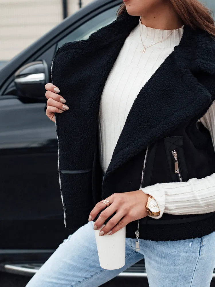 Kożuszki Damskie|Kamizelki Damskie>Dstreet Kamizelka damska zamszowa z kożuszkiem WOOLZIP czarna TY4742